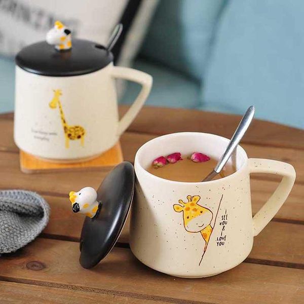 

mugs 2021 480ml cartoon giraffe/zebra ceramics mug with spoon and lid coffee milk tea breakfast cups novelty gifts for friends