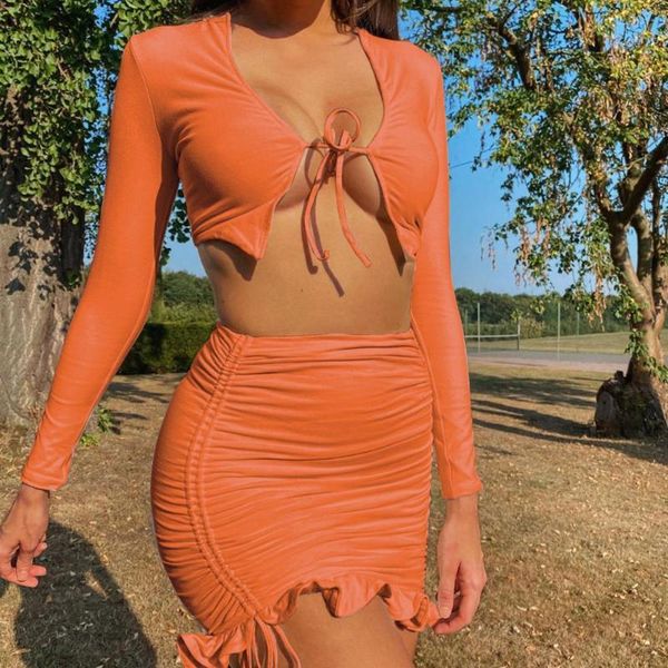 

skirts outfit solid color long sleeve women crop ruched drawstring two pieces matching set for spring, Black