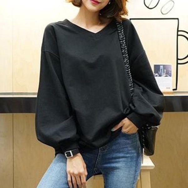 

women's hoodies & sweatshirts women plain autumn long sleeve solid v neck pullover sweatshirt japan elegant office causal lady minimal, Black