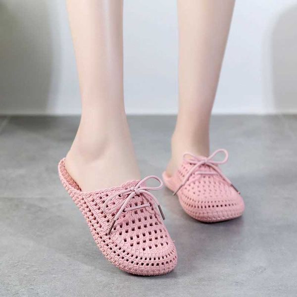 

summer wear student fashion korean version lace up slippers hole shoes cool and breathable women baotou casual, Black