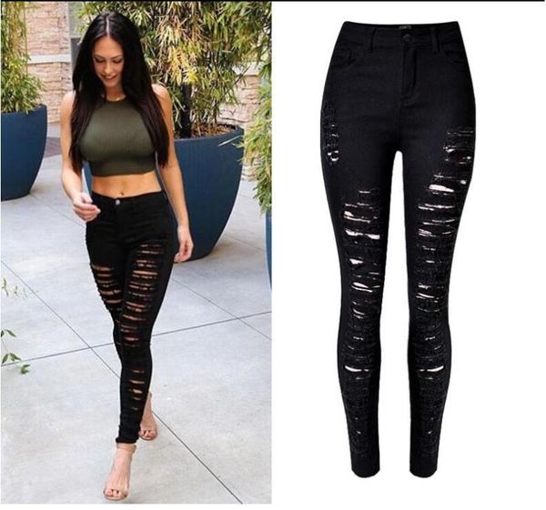 

women's jeans eu style woman high waist shown thin hole long pencil pants, Blue