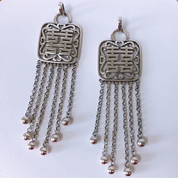

2021 new real pure s925 sier jewelry chinese style retro distressed engraved "double happiness" tassel woman pendant 8xvd, Silver