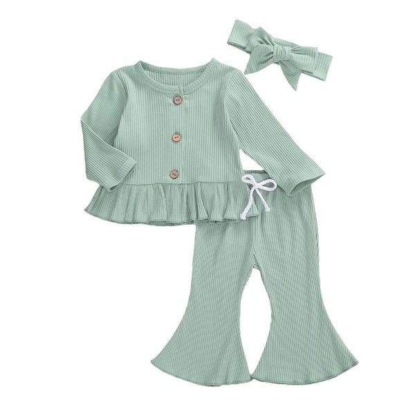 

newborn baby boy girl clothes sets solid color long sleeve cotton t-shirt flared pant bell bottom headband 3pcs, White