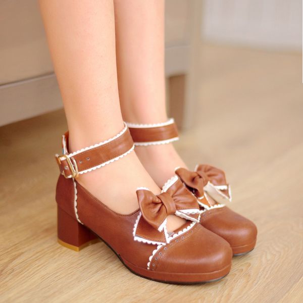 

lolita school loli girls thick heels round toe pretty brown japanese anime harujuku sweet kawaii shoes 7dye, Black