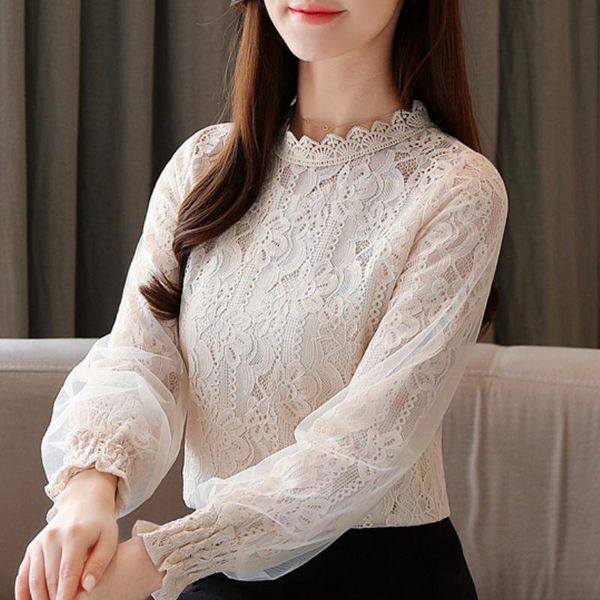 

women's blouses & shirts blusas mujer de moda 2021 spring lace blouse women long sleeve stand collar womens and c421, White