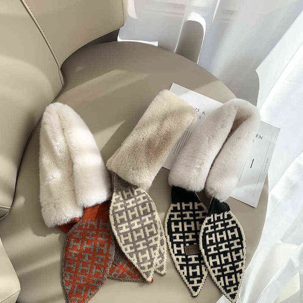 

scarves scarf female winter 2022 imitation rabbit hair thickened warm letter wool stitching scarf cross, Blue;gray