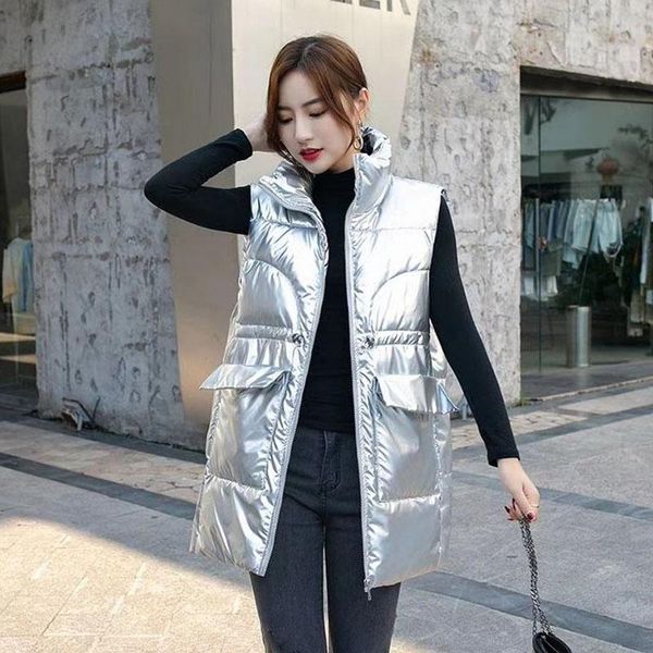 

women's vests 2021 glossy down cotton waistcoat mid-length winter coat student loose all-match vest female sleeveless jacket, Black;white