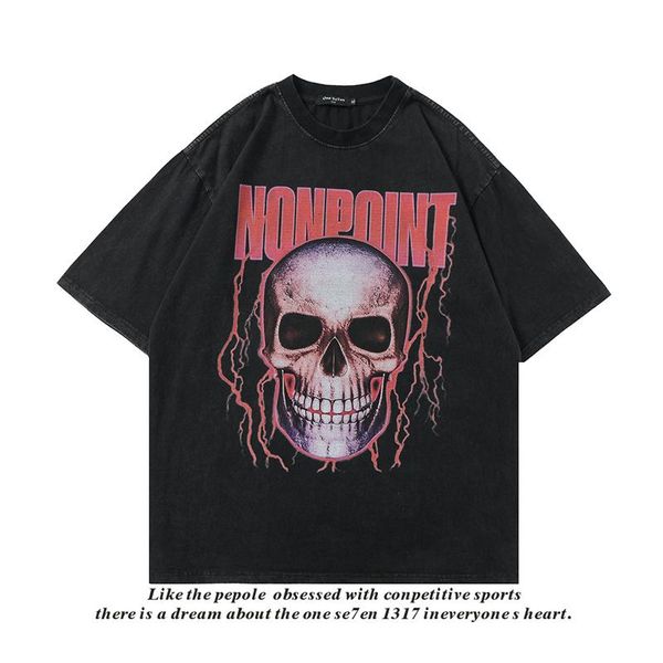 

men's t-shirts american fashion wear brand ins high street short sleeve skull washed worn pullover t-shirt hip hop casual half man, White;black