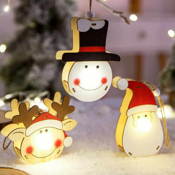 Holz-Weihnachtslicht-Anhänger, Weihnachtsmann, Schneemann, Elch, warme Lichter, Neujahrsdekoration