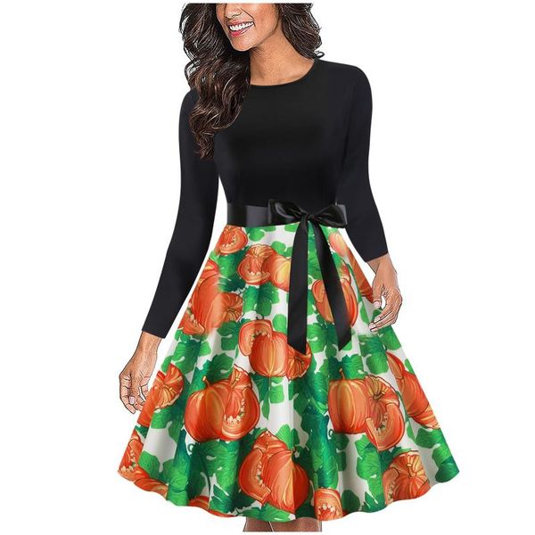 

casual dresses halloween vintage dress women pumpkin print patchwork midi autumn winter long sleeve elegant party plus size, Black;gray