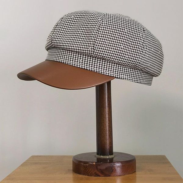 

stingy brim hats selling for women spring autumn pu leather plaid octagonal hat men wide windproof cap female, Blue;gray