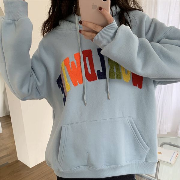 

2021 new autumn college style color letters three-dimensional embroidery hooded loose sweat shirt long sleeve hoodie women 5wph, Black