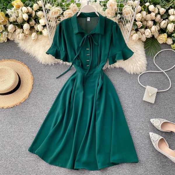 

2021 fashion summer women dress flare sleeve lace up turndown collar knee-length dress solid high waist casual elegant vestidos, Black;gray