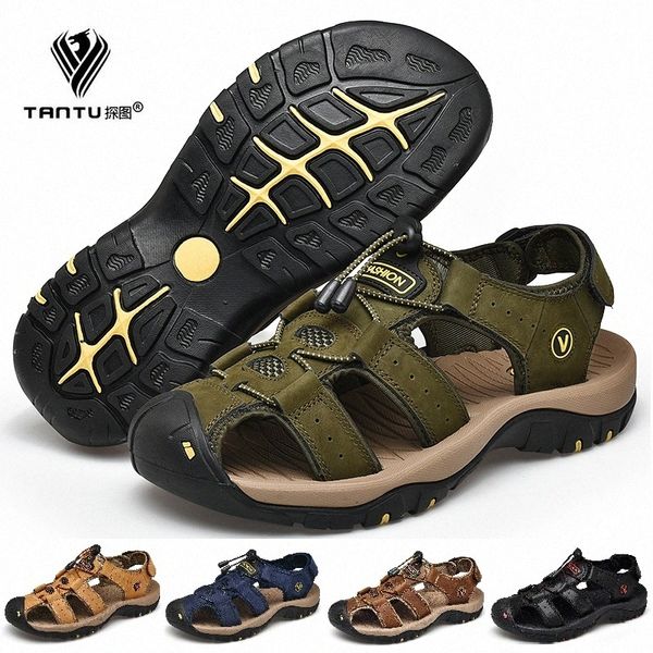 

tantu men summer spring sandals genuine leather casual shoes man roman style beach sandals brand men outdoor shoes size eu38 47 shoes q2ym#, Black