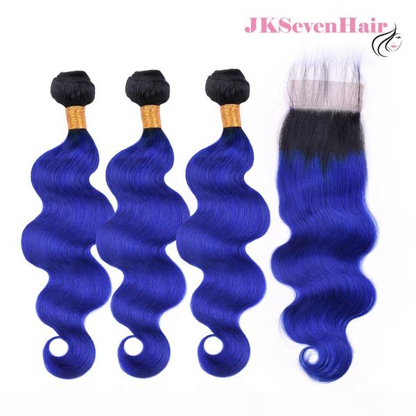 

1b blue ombre brazilian remy hair extensions 3 bundles with 4x4inch closure body wave indian peruvian dark root blue virgin hair weaves, Black