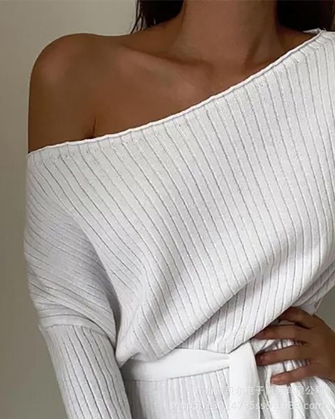 

women's sweaters 2021 white off shoulder long sleeve tie knit sweater, White;black