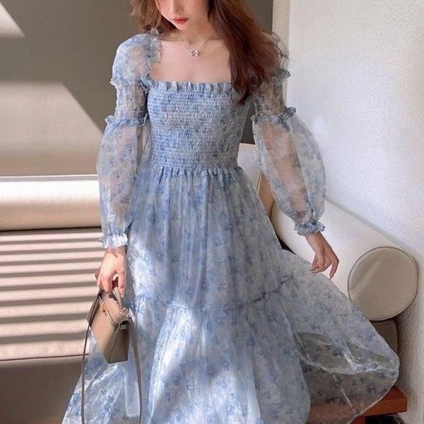 

casual dresses 2021 summer lace elegant midi dress women puff sleeve square collar boho beach floral female party one piece korean, Black;gray
