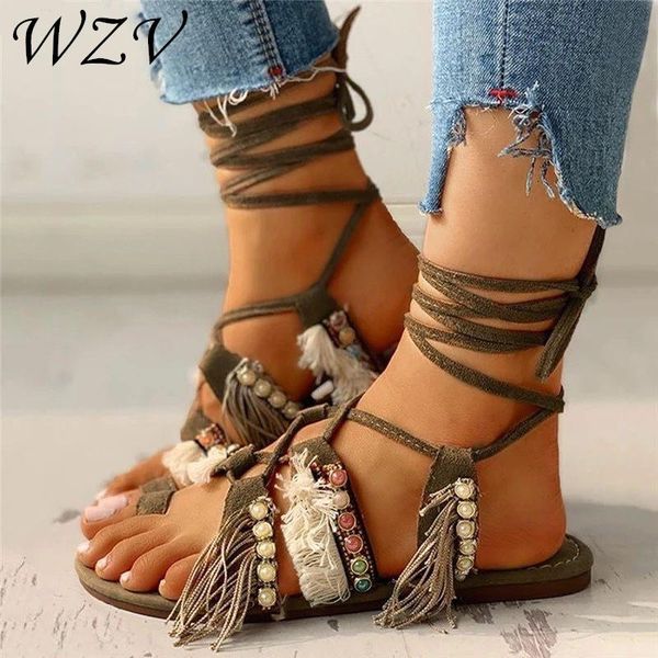 

2021 women flat sandals summer tassels shoes ethnic fashion casual shoes lace up woman beach plus size sandals, Black