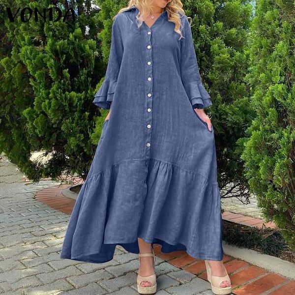 

casual dresses vonda women dress 2021 summer long shirt female sundress loose button up sleeve turn-down collar vestidos, Black;gray