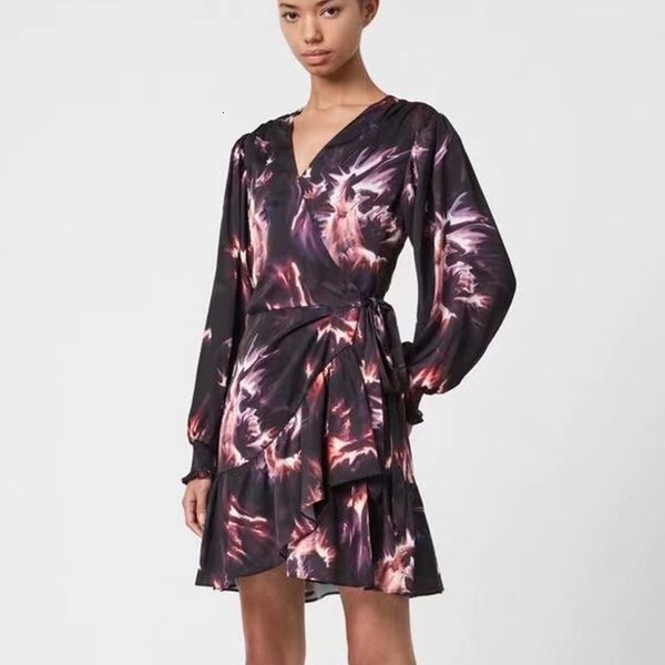 

2021 new elegant autumn ladies blet with fashion floral printed v-neck ruffles female vestidos long sleeves outfit y12n, Black;gray