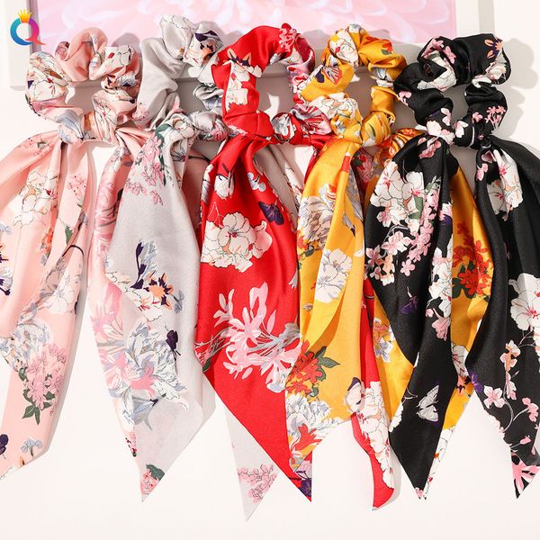 

women scrunchie ribbon elastic hairbands bow scarf printing headband for girls ladies hair ropes ties, Black;brown