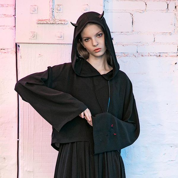 

women's hoodies & sweatshirts gothic devil horns casual, Black