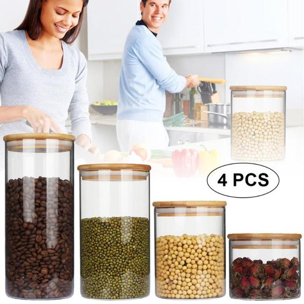

storage bottles & jars 4pc airtight glass food canister kitchen container set with bamboo lid and silicone washer preservation jar