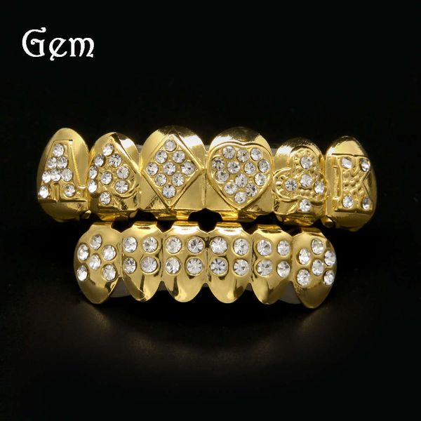 

hip hop new diamond inlaid gold teeth playing card decor design spade heart plum blossom square a word, Silver