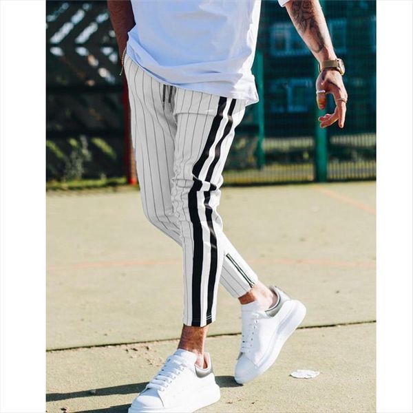 

fashion england style striped male women pant long pencil joggers casual trousers drawstring side stripe slacks, Black