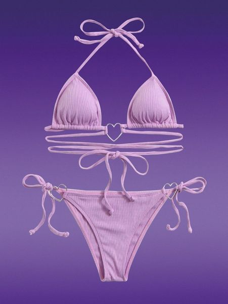 

romwe gemini heart ring linked lace up bikini swimsuit 11u6#, White;black