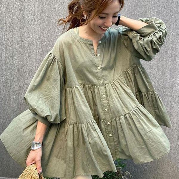 

women's blouses & shirts [ewq] 2021 vacation elegant gentle summer solid color khaki o-neck short-sleeved ruffles back long shirt women, White