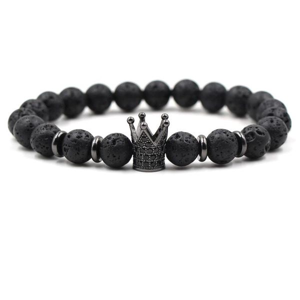 

beaded, strands charm 8mm natural black volcanic lava stone bead bracelet pave cz 4 color crown bangle for women&men noble diy jewelry