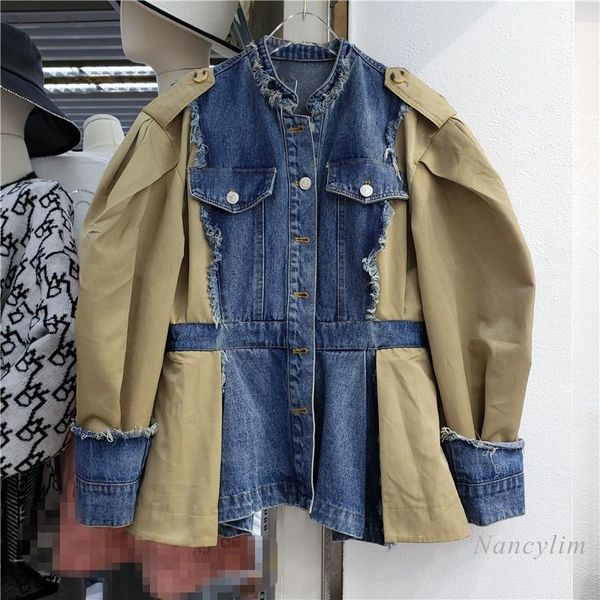 

women's jackets european street loose jacket for women khaki patch blue denim coat 2021 autumn fashion lantern sleeve waist-tight, Black;brown