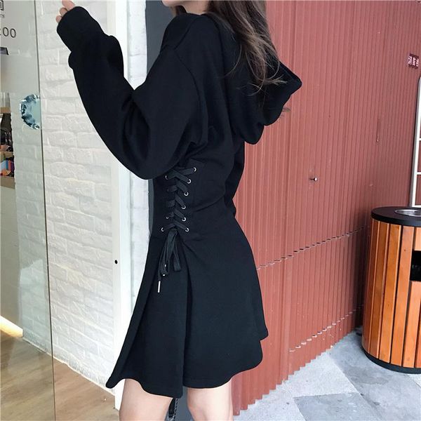 

casual dresses spring 2021 women's hoodie, short skirt, black tight gothic dress, waist lace, Black;gray
