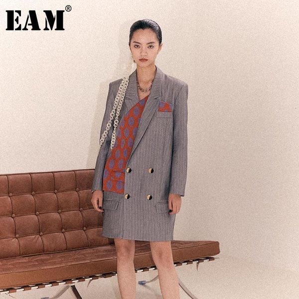 

eam] loose fit gray pattern print split joint long jacket new lapel long sleeve women coat fashion autumn winter 2019 1b9021, Black;brown