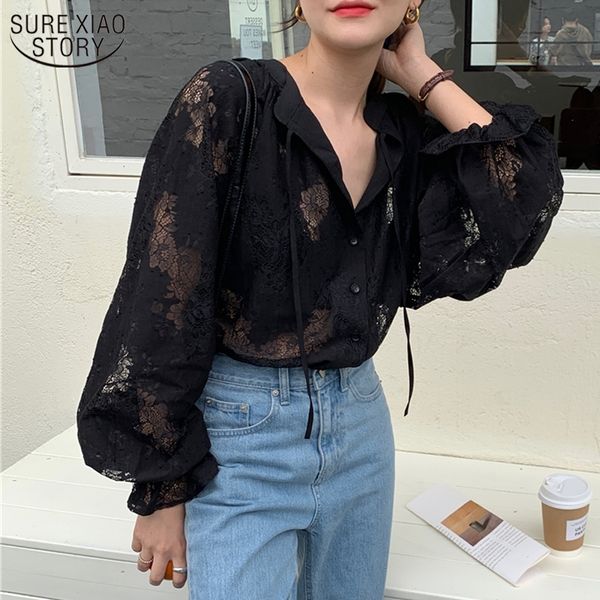 

2021 women blouse with lace lantern long sleeve transparent blouse loose cardigan lace shirt spring black lace 10202 210315, White