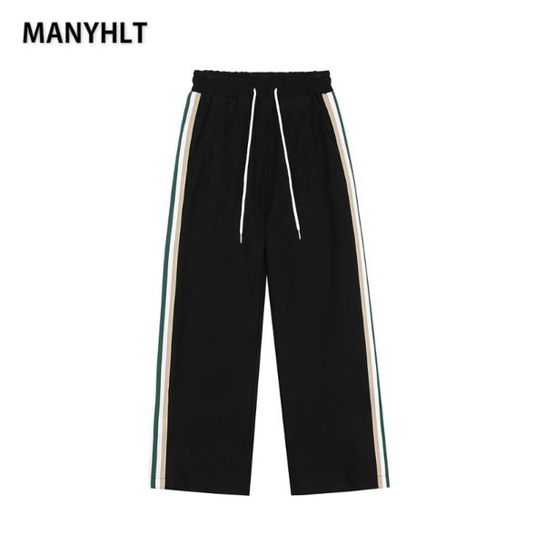 

men's pants manyhlt side stripes stitching casual trousers autumn loose street wide-leg elastic waist sports, Black