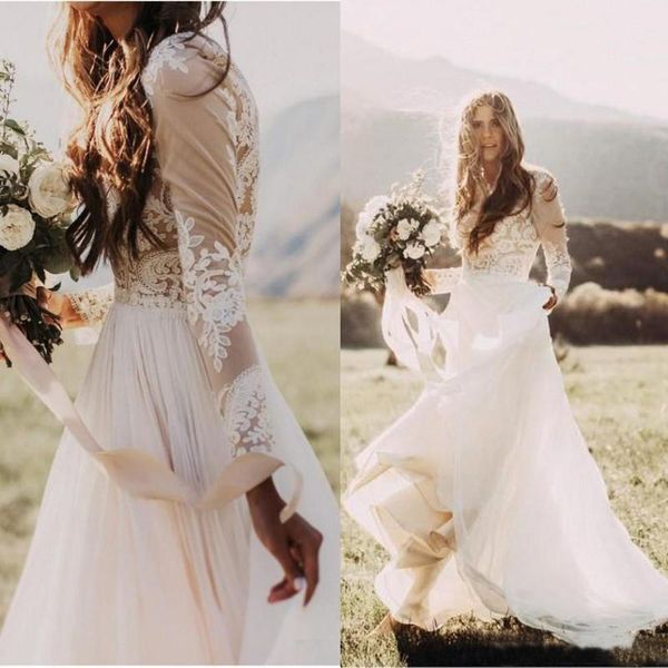 

2022 bohemian country wedding dresses gown with sheer long sleeves bateau neck mermaid lace applique chiffon boho bridal gowns, White