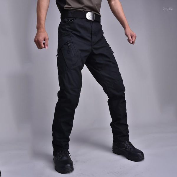 Calças masculinas Tactical Cargo Calças Homens Múltiplos Bolso Zipper Impermeável Reta Preta Sweatpants Urban Vestuário Militar