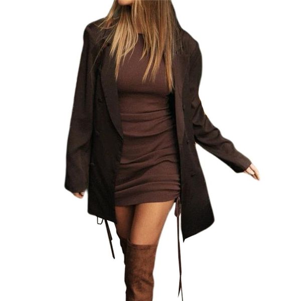 

casual dresses 2021 fashion trend women autumn solid color mini dress drawstring design long sleeve fitting skinny knit, Black;gray