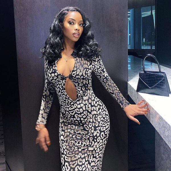 

casual dresses wsevypo autumn leopard maxi sheath dress women stand collar cutout long sleeve bodycon party office lady clothes, Black;gray