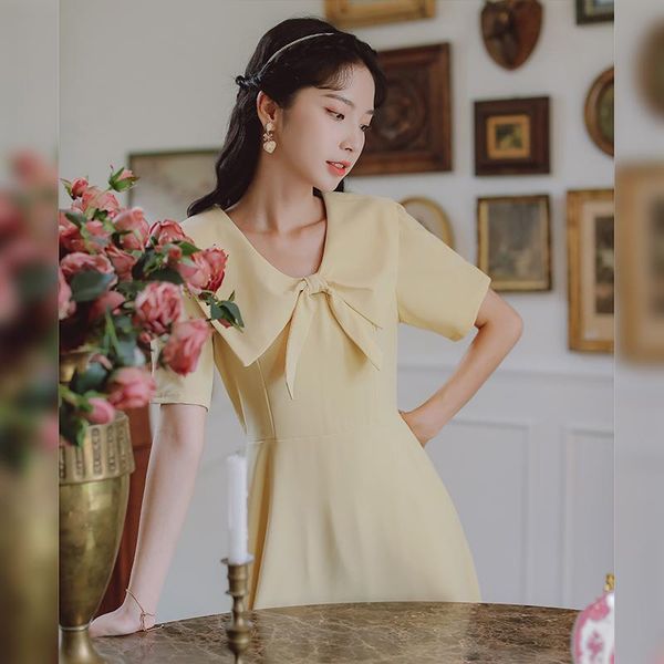 

casual dresses korean ladies summer bowknot doll collar sweet cute yellow literary retro maxi dress vestidos de fiesta, Black;gray