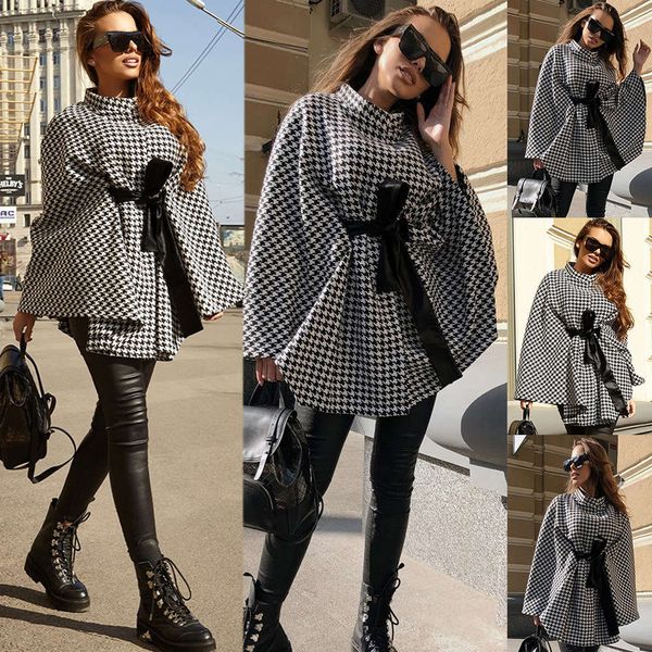 

autumn winter coat lattice wool loose lace cape cloak top, Black;brown
