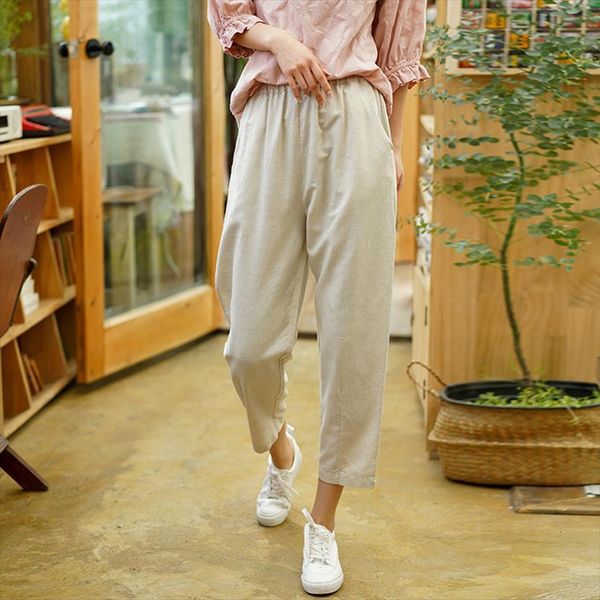 

casual cotton linen straight womens capris elastic waist spring trouser pockets solid color ankle length, Black;white