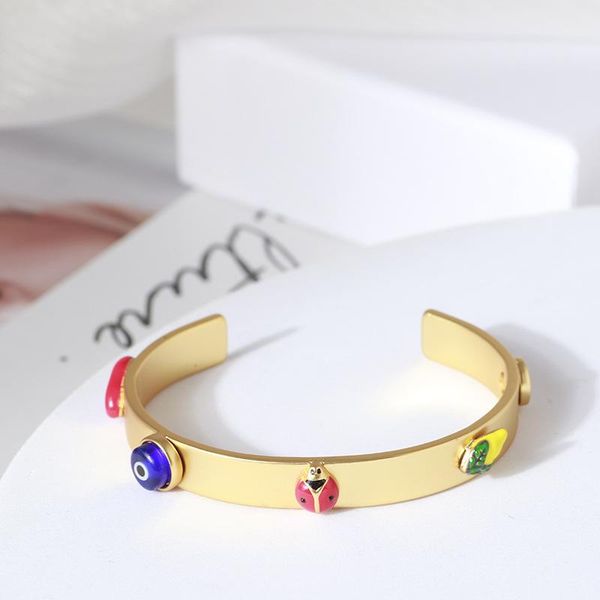 

bangle korean fashion women bracelet aesthetic colorful insect fruit ornament opening large size gold charm lady vintage jewelry, Black