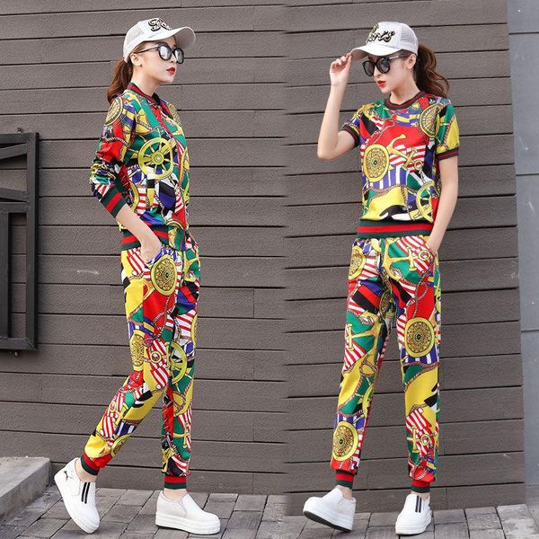 

women's two piece pants 2021 spring and summer sports suit women printed casual fashion short sleeve three-piece set tide, White