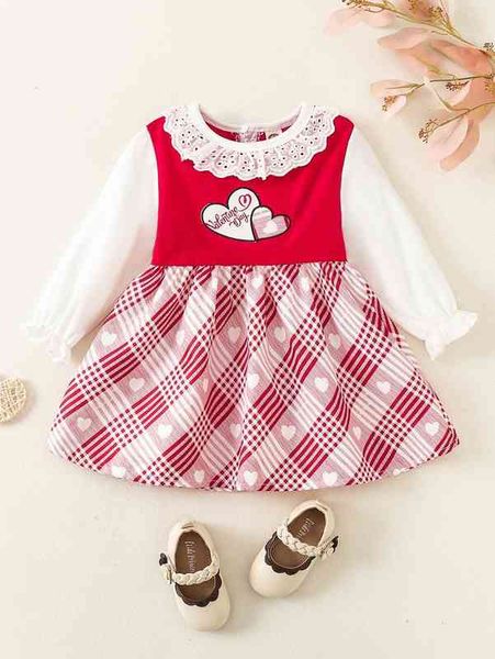 

baby letter and heart embroidery plaid eyelet embroidery trim dress she, Red;yellow