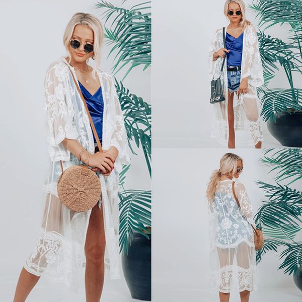 

women bikini beach swimsuit cover-ups lace embroidery shirts long kimono cardigan crochet hollow sunscreen swimwear cover ups beachwear