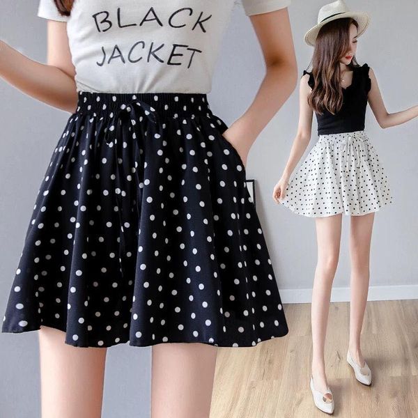 

skirts polka dot shorts for women 2021 summer elastic waist high wide leg a- line skort korean style loose casual pants, Black