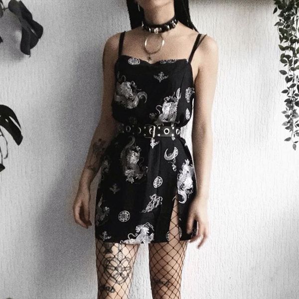

women slash neck spaghetti straps sleeveless dragon pattern printing bodycon dress female dark slim mini dress, Black;gray
